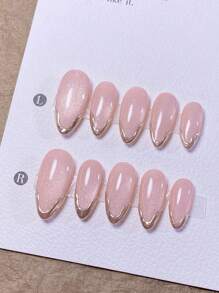 10款手工制作的杏仁形美甲贴片：紫色猫眼款，闪耀夺目；金色镜面粉法式美甲——可爱、精致、简约、时尚、高端