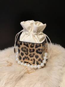Tas Tangan Mini Motif Leopard dengan Tali Serut dan Hiasan Mutiara Imitasi, Tas Mutiara Imitasi Elegan, Tas Motif Macan Tutul Musim Gugur/Musim Dingin Terbaru untuk Wanita, Tas Motif Cheetah Musim Gugur/Musim Dingin Terbaru untuk Wanita - Khaki - View 7