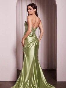 ALTA CALIDAD VESTIDO DE ENCAJE Y SATIN - Plateado - Ver 2
