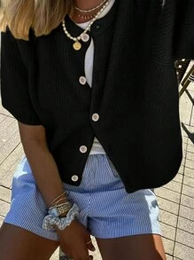 Women's Lightweight Cardigan Short Sleeve Button-Down Summer Cardigan Sweater - 黑色 - 查看 4