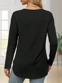 Women's Solid Color Crew Neck Shirt With Side Split Long Sleeve Casual Basic Top - màu đen - Xem 2