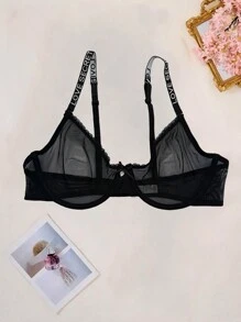 女士黑色性感透视舒适网眼内衣文胸简约透气内衣文胸亲肤可调节字母肩带 - 黑色 - 查看 3