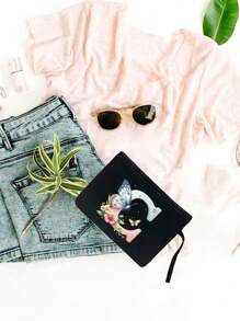 Color Gradient Butterfly Flower Letter A-Z Pattern Tote And Cosmetic Bag Set, Casual Style, Fabric Structure - Black - View 14