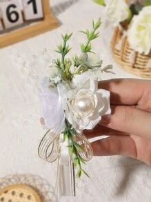 1PC męska butonierka butonierka ze szpilką złote liście wstążki sztuczne perły butonierka szpilka do garnituru ślub pan młody drużba broszka róża butonierka na ślub powrót do domu prom garnitur wystrój - Wielokolorowe - Zobacz 5