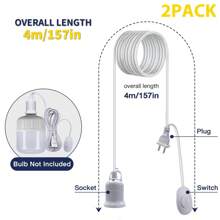 1 pieza/2 piezas Cable de extensión para lámpara colgante de 13 pies con casquillo E26/E27 compatible con interruptor + ganchos + enchufe de 2 patas para EE. UU. Casquillo para lámpara colgante en cocina, dormitorio, restaurante