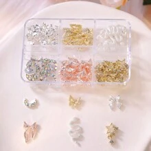 6-Grid Jewelry Light Luxury Alloy Nail Decorations, Containing Various Diamond-Studded Alloy Jewelry, Butterflies, Bells, Cherries, Stars, And Moons Sparkling For Nail Art Design Family DIY