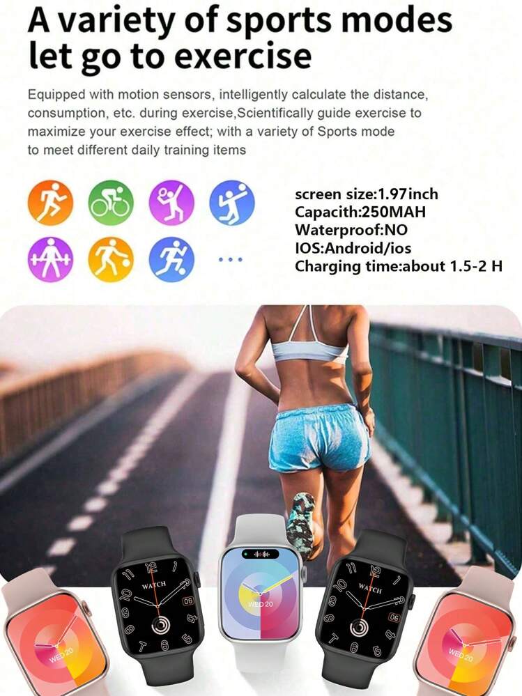 Microwear 健身智能手表 2.07 英寸 AMOLED 屏幕健康率监测、大容量电池长待机运动手表、音乐控制、适用于 Android IOS 手机的智能手表 - 黑色 - 查看 2