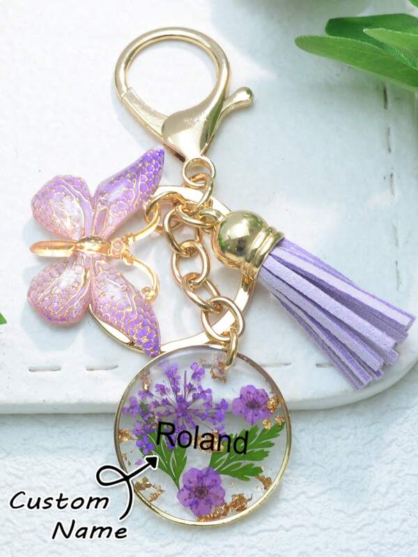 1pc Customized Resin Pressed Dried Flower Keychain, Butterfly Tassel Decor, Creative Gift For Friends, Girlfriend, Back To School Memorabilia, Women Bag Accessory,Durable,Stainless,Colorful,Cute,Adorable,Funny,Kawaii,Y2K,Stylish,Unisex,Casual,Custom,Personalized,Unique,Customized,Ideal Gifts For Him,Ideal Gifts For Her,Her,Boyfriend,Girlfriend,Family,Friends,Bag Charms,Bag Charms