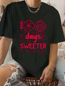 100 Days Sweeter Girls Boys Happy 100th Day Of School T-Shirt Print Crew Neck T-Shirt For Summer, Women's Soft Short Sleeve Top, Stylish Comfy Tee For Women Graphic Tees - màu đen - Xem 1