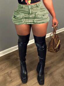 Womens Cargo Skirt Low Waist Button Denim Mini Skirt Summer Y2k Jean Skirt With Flap Pockets - 綠色 - 查看 4