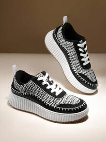 Women Platform Casual Sneakers Thick-Sole Woven Style Fashion Comfortable Wedge Sneakers Autumn Winter Outdoor Sport Shoes - Đen và trắng - Xem 2