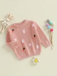Suéter de Pascua de punto para niñas, manga larga, cuello redondo, con bordado de zanahoria y conejo, prenda de punto - Rosa - Ver 5