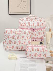 1 pieza Bolsa de maquillaje con diseño de ramo de rosas de oso, gran capacidad con cierre de cremallera, bolsa de cosméticos esencial para viajes y vacaciones para almacenar toallas sanitarias, almohadillas, auriculares con cable, , auriculares, cargador, lápices labiales, cosméticos, perfume, productos de cuidado de la piel y belleza, decoración del hogar, para mamá, mujeres, enfermeras, estudiantes, niñas de escuela, llaves, regalos navideños - Multicolor - Ver 2