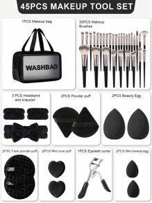 4/14/30/31/45PCS Makeup Tools Set Including:1pc Multi-Functional Zipper Toiletry And Cosmetic Bag Waterproof+30PCS Makeup Brush Set+2PCS Makeup Sponges+2PCS Mini Makeup Sponges+2PCS Triangle Powder Puffs+2PCS Mini Air Cushion Powder Puffs+1pc Hairband+2PCS Hand Bowl Strap+2PCS Facial Cleansing Sponges+1pc Eyelash Curler