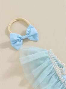 Conjunto de niña recién nacida, vestido de verano con bordado de flores y tul de patchwork y lazo para el pelo - Azul - Ver 5