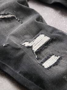 Men's Front Button Pocket Casual Stretch Ripped Jeans - Black - View 4