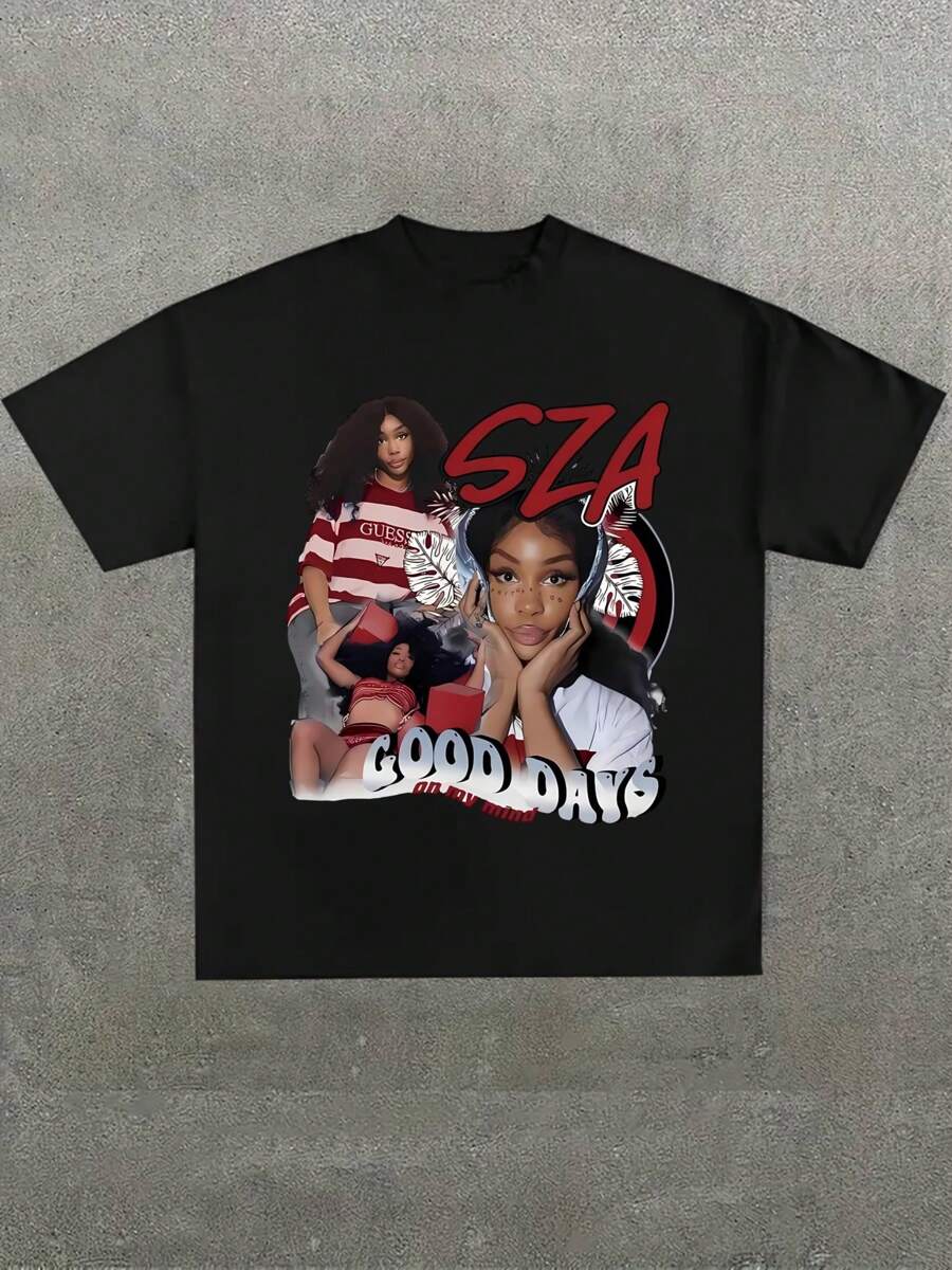 Camiseta de algodón puro estampada de 220g con patrón de letra, cómoda y versátil, estampado casual "Good Days Graphics S.Z.A" - Negro - Ver 1