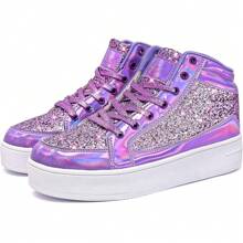 Womens Platform Glitter Shoes Black High Top Sparkly Sneakers Shiny Fashion Bling Dressy Sequin Metallic Sneakers Disco Wedding Shoes - Purple - View 3