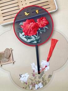 1 Stück vintage Handventilator, chinesischer runder Fächer mit Seide-Stickerei, Kranich-Blumen Heim- und Raumdekoration, Tanzfächer mit Quasten, Party-Requisiten, Weihnachts-, Valentinstags- und Neujahrgeschenk