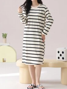 AICJ 1 件休闲简约圆领套头衫中长条纹卡通字母印花睡袍家居服连衣裙，母亲节、情人节、新年礼物 - 彩色 - 查看 4