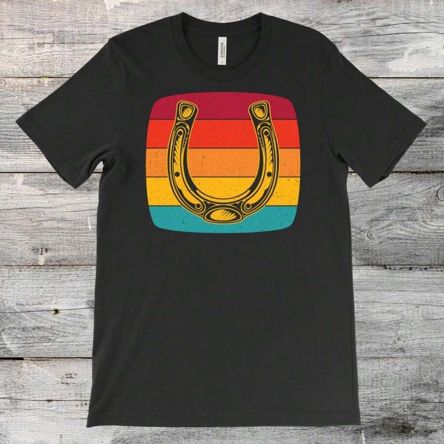 Horseshoe Vintage Retro Gifts T-Shirt, Equestrian Western Horses Rodeo Country Lover T Shirts, Horse Rider Costume, Cowgirls Present Tees, - Black - View 1