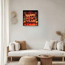 Wrapped Framed Canvas Vintage Wall Art Print Neon "Happy New Year" Sign - Artful Home Decor For Living Room, Bedroom, Bathroom, Office