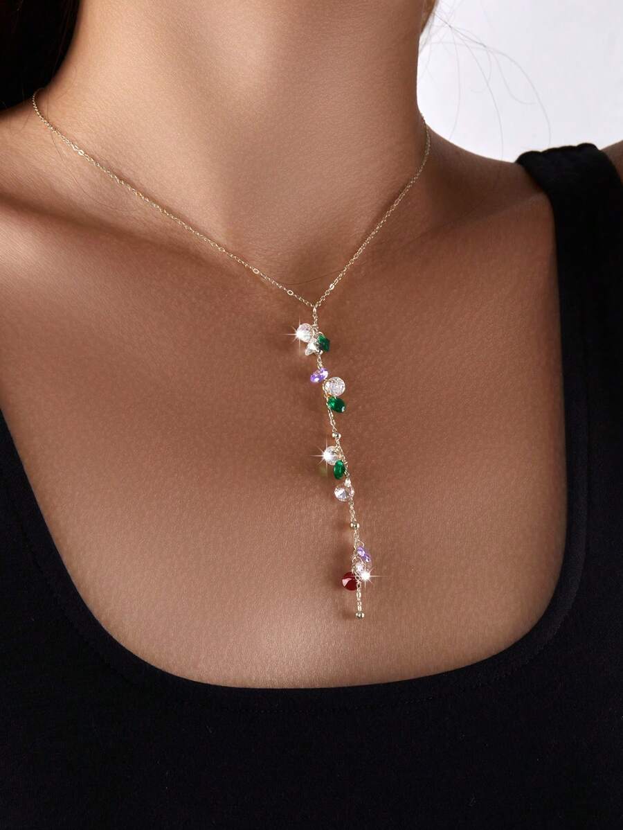 SYMFNY 1 件独特 925 纯银不对称排列闪亮方晶锆石 Y 形吊坠项链