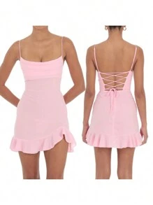 Vestido mini con volantes para mujer, de un solo color, con cuello cuadrado, sin mangas, con tirantes de espagueti, espalda cruzada y ajustado, para uso en clubes - Rosa - Ver 2