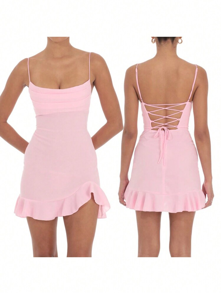 Women's Ruffle Mini Dress Solid Color Square Neck Sleeveless Spaghetti Strap Cross Backless Bodycon Dress Clubwear - Pink - View 2
