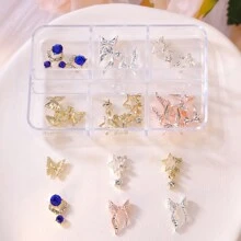 6-Grid Jewelry Light Luxury Alloy Nail Decorations, Containing Various Diamond-Studded Alloy Jewelry, Butterflies, Bells, Cherries, Stars, And Moons Sparkling For Nail Art Design Family DIY