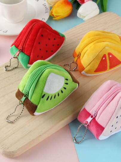 1pc Cartoon Plush Fruit Shape Coin Purse, Coin And Key Storage Pouch