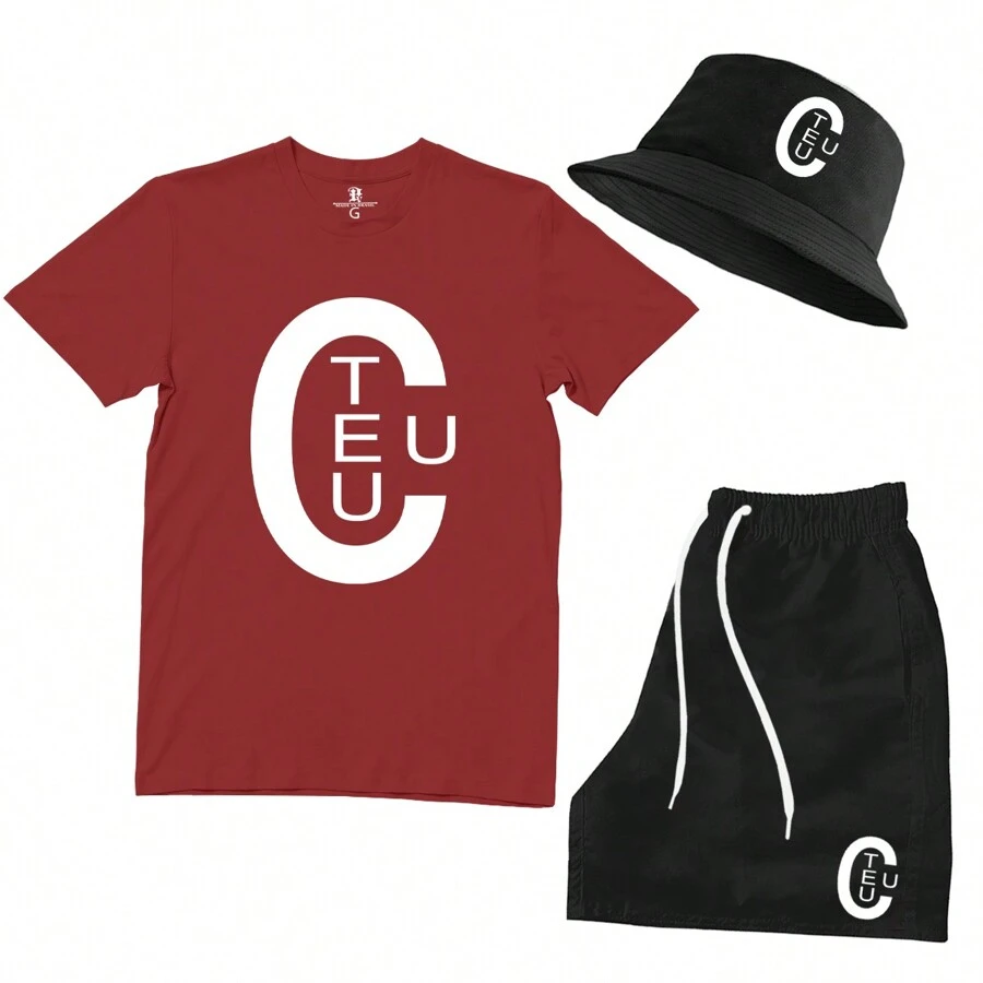 MP MODA MASCULINA Kit Camiseta Masculina Algodão + Short Praia Mauricinho Tactel + Chapeu Bucket Hat CUTEUS