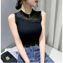 Women's Knitted T-Shirt Top - 黑色 - 查看 1