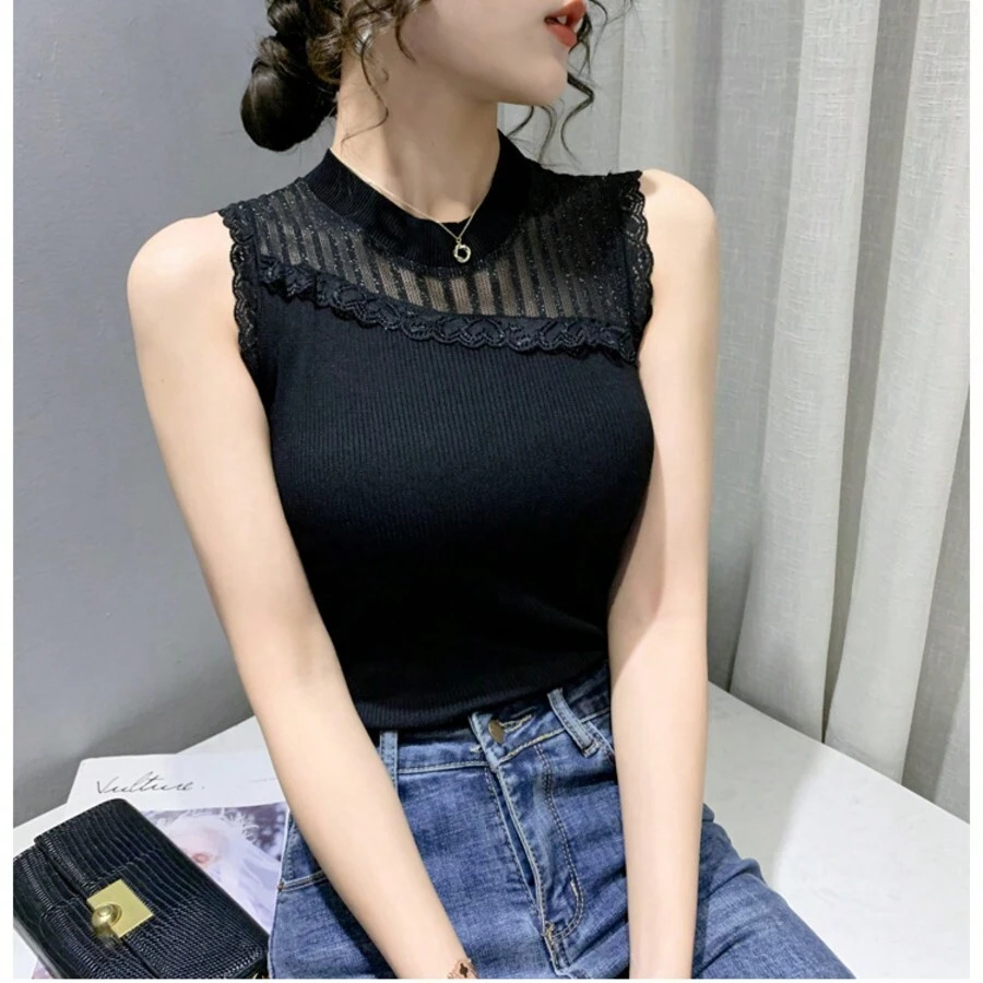 Women's Knitted T-Shirt Top - 黑色 - 查看 1