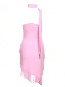 Women's Fashion Halter Off Shoulder Cross Mesh Splice Ruffle Hem Fitted Party Cocktail Dress, Spring/Summer - View 10