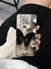 Precise Hole Straight-Edge Butterfly Black & White Painted Shockproof Phone Case Compatible With Iphone 14 Pro Max, 13, 11, XR, 7/8, Galaxy S24, A03s, A12, A32, A52, A72, S20 FE, S21, S22, Redmi 9, 9A, 10A, 10C, Note 9, 10, 11, 12, 12C Waterproof Anti-Fall Scratch Resistant