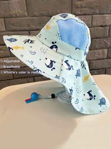 1 pieza Sombrero de sol infantil transpirable y suave con diseño de dibujos animados, gorra de playa de ala ancha ajustable para niños y niñas