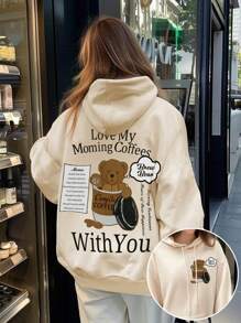 Casual Kangaroo Sweatshirt With Coffee Bear Slogan Print - 杏色 - 查看 1