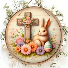 1 pieza Letrero de madera vintage de conejo de Pascua, decoración colgante de pared redonda con acentos de cruz y flores, para el hogar, porche y decoración de habitaciones, regalo multiusos para fiestas, estilo aleatorio