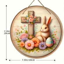 1 pieza Letrero de madera vintage de conejo de Pascua, decoración colgante de pared redonda con acentos de cruz y flores, para el hogar, porche y decoración de habitaciones, regalo multiusos para fiestas, estilo aleatorio