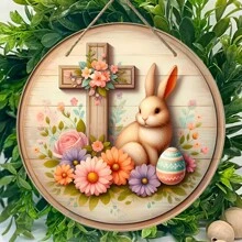 1 pieza Letrero de madera vintage de conejo de Pascua, decoración colgante de pared redonda con acentos de cruz y flores, para el hogar, porche y decoración de habitaciones, regalo multiusos para fiestas, estilo aleatorio