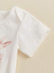 Conjunto de 3 piezas de ropa de Pascua para niñas pequeñas, mono de manga corta con estampado de conejito y pantalones cortos elásticos con diadema. - Blanco - Ver 4