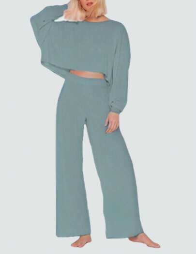 Conjunto De Dos Piezas Con Pantalón De Pierna Ancha Acampanada Y Crop Top Oversize De Manga Larga Holgada | Holanda