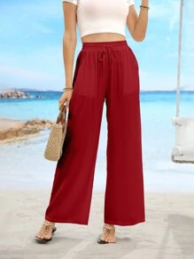 Solid Color Drawstring Waist Slant Pocket Casual Straight Leg Pants - Red - View 5