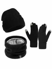 1 Set Winter Knit Hat, Neck Warmer Scarf And Touch Screen Gloves, Solid Color Unisex Outdoor - Warm Touch Screen Gloves, Thick Cycling, Outdoor Essential Set