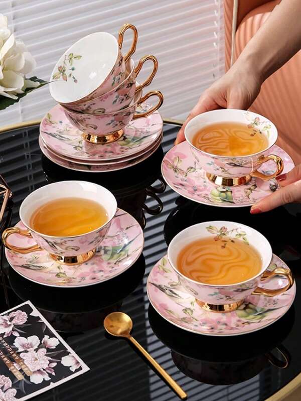 1 Set Of 6 Cups, 6 Plates, 6 Spoons (With Magpie Spoon, Gold Cup Holder) Elegant Ceramic Tea Set, With Gold Trim And Distinctive Auspicious Bird Design, Suitable For Elegant Coffee, Dessert Plates, And Traditional Afternoon Tea, Creative Minimalist Afternoon Tea Cups