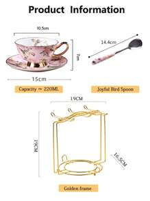 6件套陶瓷茶具，含喜鹊造型勺和金色勺架，优雅的鸟形设计，金色镶边，适合享用咖啡、甜点和下午茶，创意简约。 - 彩色 - 查看 2