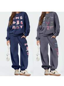 Women Tracksuits Sweatshirt Set Bow Print Long Sleeve Pullover Long Sweatpants With Pockets 2 Piece Outfit - Dark Grey - View 2