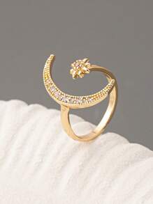 1 Pc Cooper Zirconia Moon Star Ring For Women Luxurious Pave Setting Crystal Ring Adjustable Size , Middle East Starlight Rings Jewelry - Multicolor - View 2