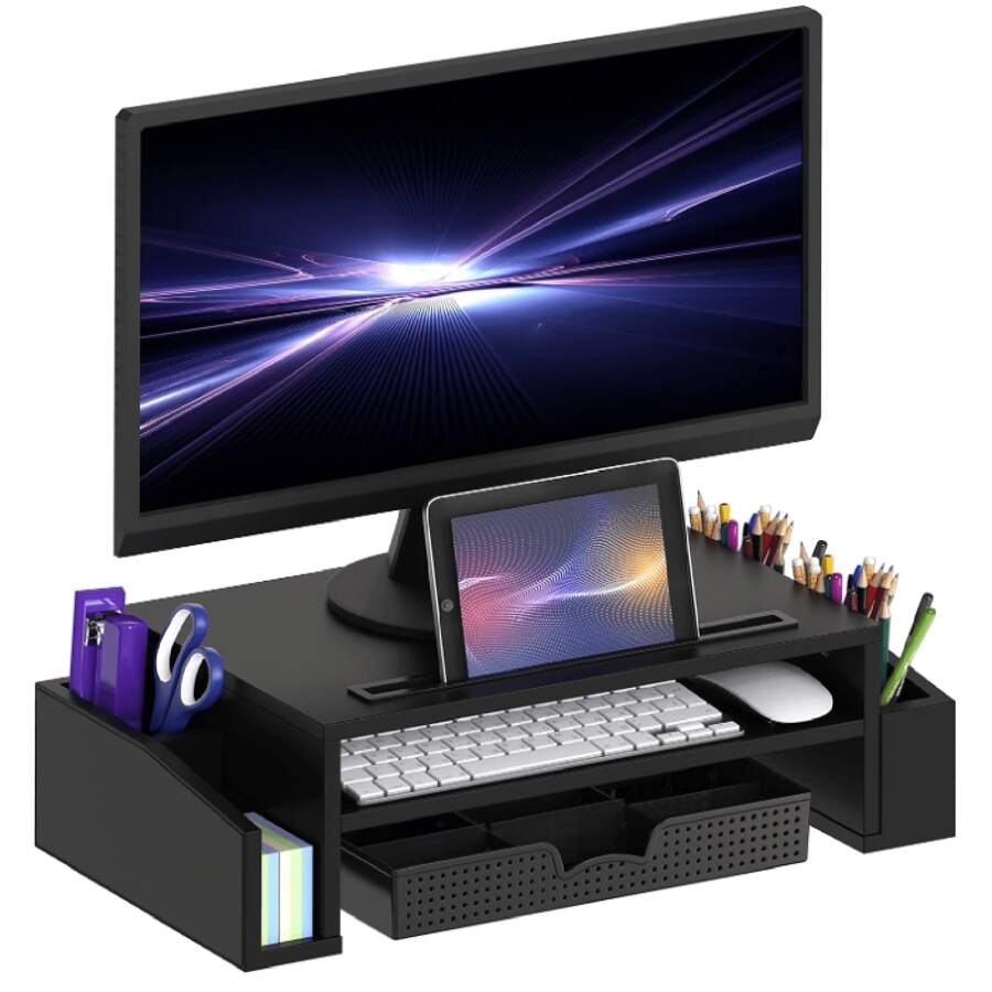 Desk Monitor Stand Riser With Adjustable Organizer Tray, Black - 黑色 - 查看 1